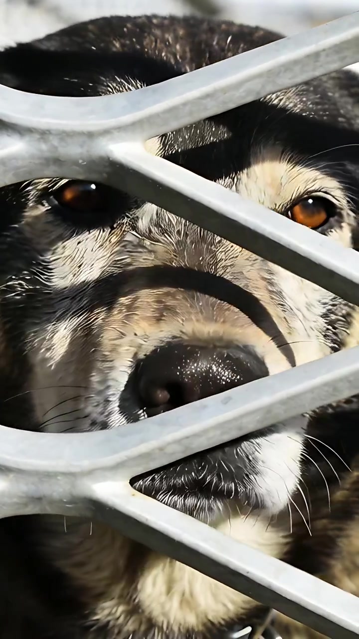 Video verticale: Un cane che sbatte le palpebre con il sole che gli colpisce il pelo, premendo il naso contro l'apertura di una grata e con gli occhi ambrati rivolti verso il muro.