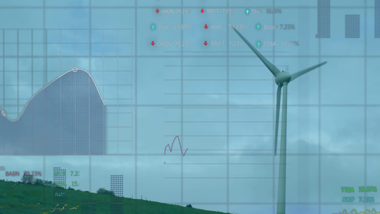 Wind turbine being visualized on grassy hillside, displaying live data grids and chart icons