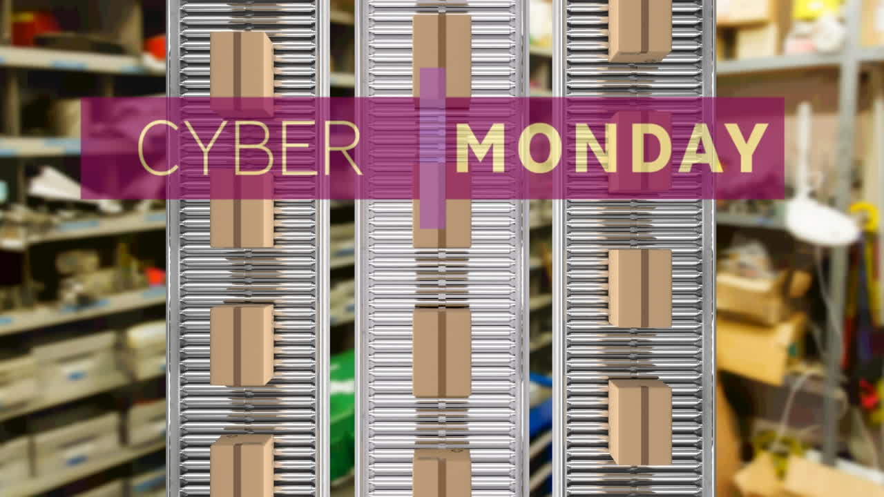 Animation of cyber monday text over cardboard boxes on conveyor belts