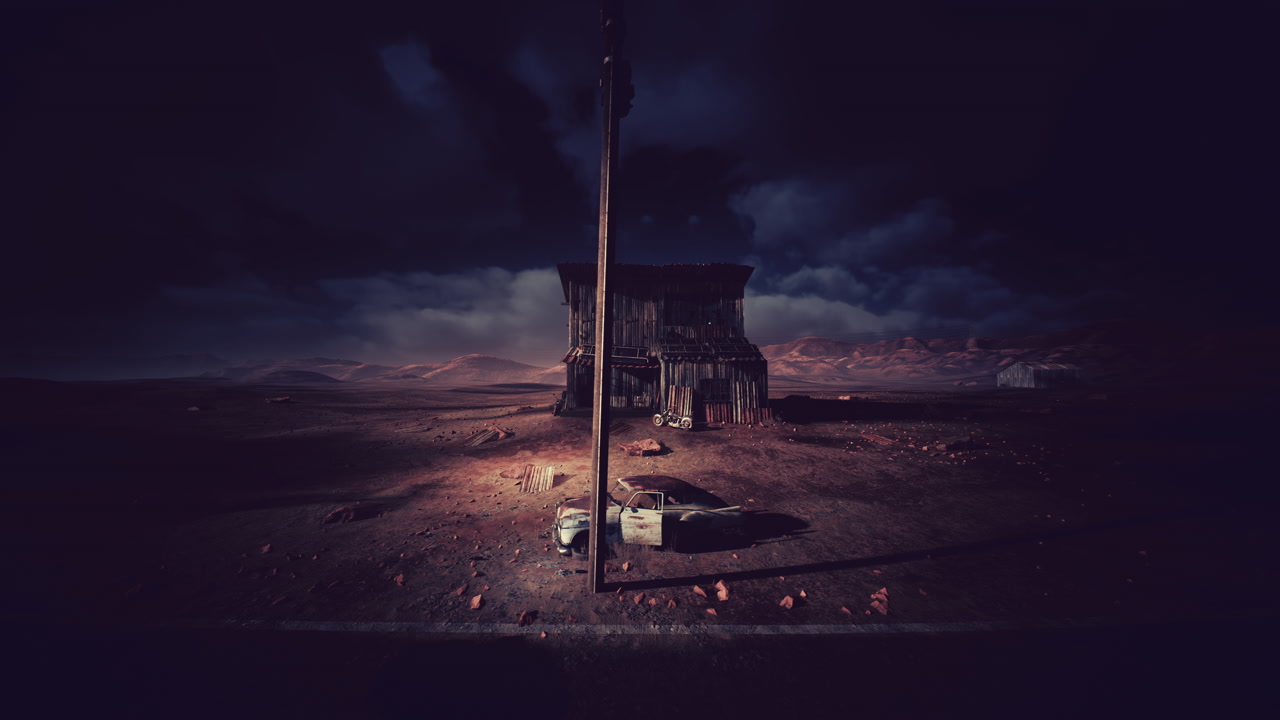 Solitary figure by lamp amidst scattered debris in desolate desert horizon