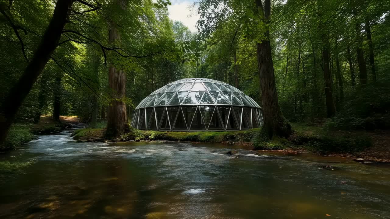 Camera discendente che ruota attorno a una cupola geodetica di vetro nella foresta, rivelando pannelli e riflessi del ruscello