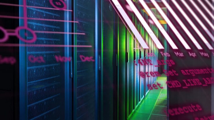 Animation of graphs, globe and computer language over data server room