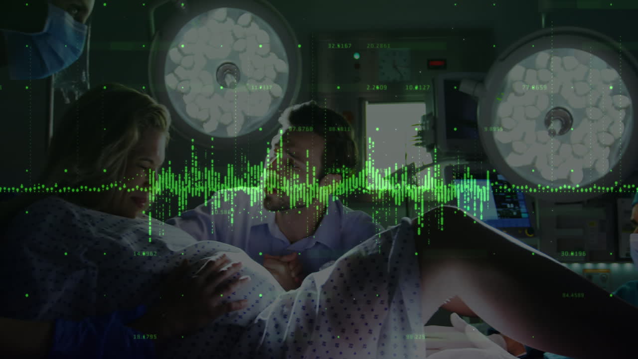 병원의 출산실에서 출산하는 여성에 대한 금융 데이터 처리의 디지털 애니메이션