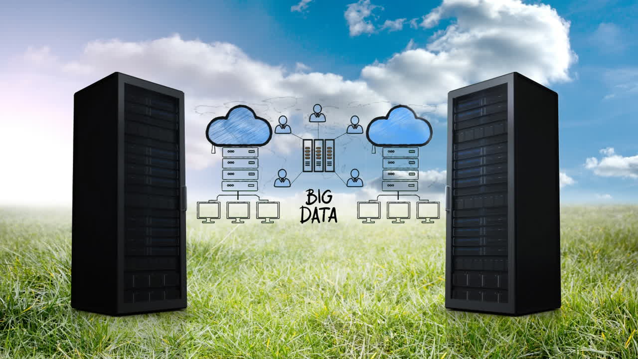 Server towers for cloud storage on grass