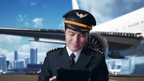 piloto trabajando en una tableta digital en un aeropuerto.