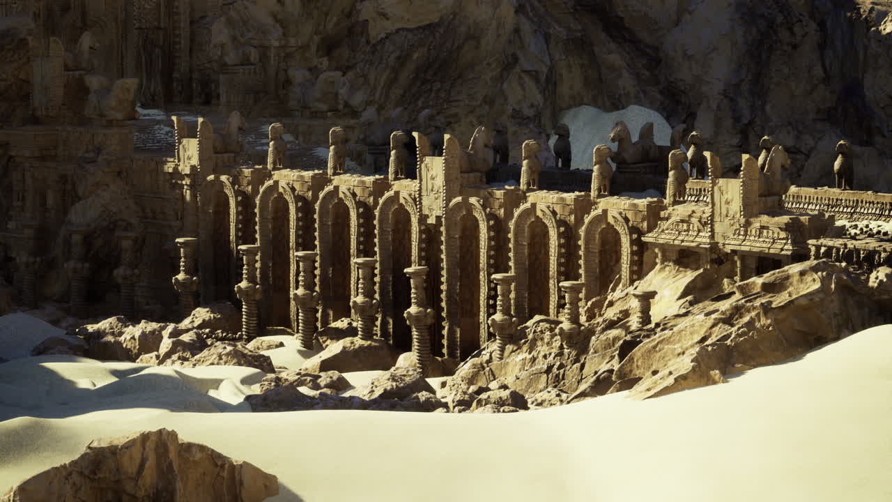 Ancient ruins surrounded by desert sand in a remote landscape during daylight