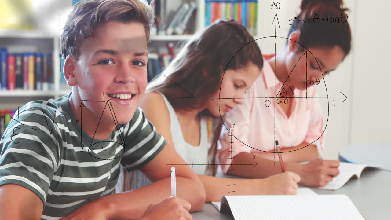 animación de fórmulas matemáticas sobre diversos alumnos que aprenden en la escuela