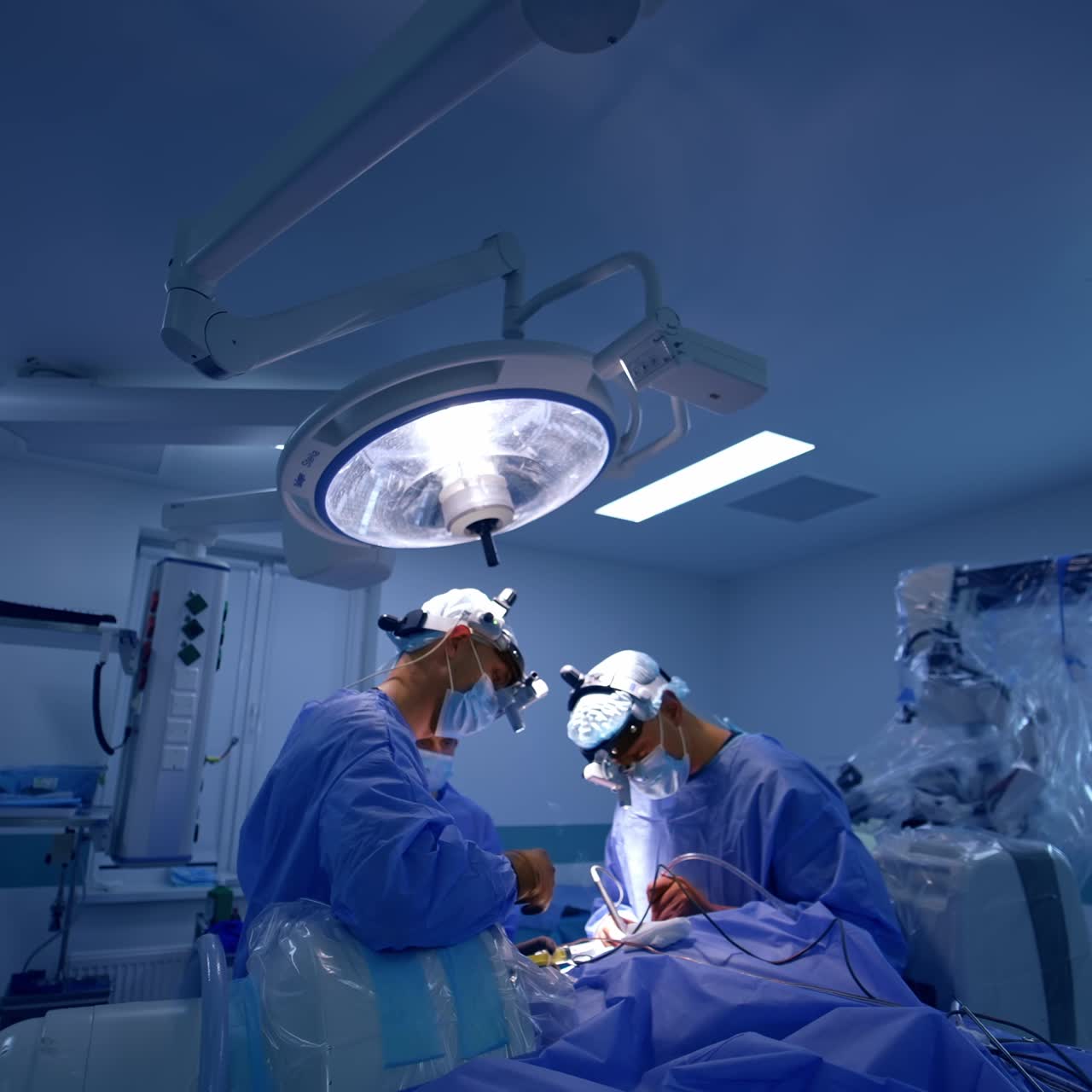 To neurokirurger udfører operationen i en veludstyret operationsstue. Moderne operationsstue på hospitalet