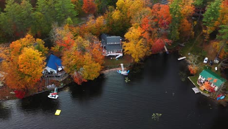 drone aerial view of lake houses and autumn leaf colors in american countryside