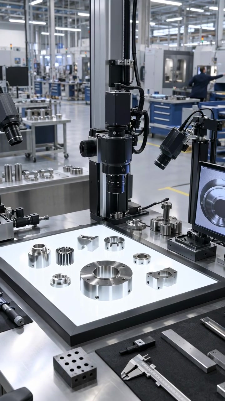 Precision optical equipment remains positioned above reflective machined parts on a lit inspection table, while nearby gauges and monitor frame a clean factory workspace.