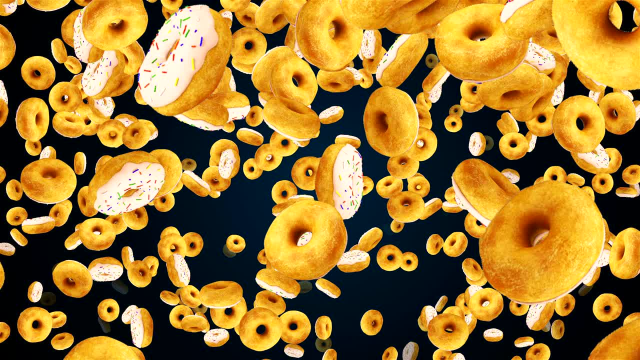 muchas rosquillas dulces voladoras, fondo brillante moderno, telón de fondo de renderizado 3d, generado por computadora