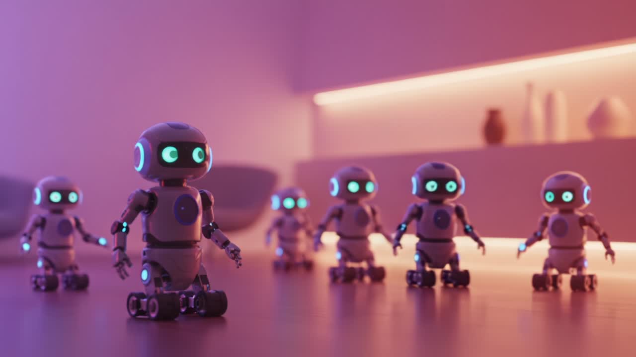 A Captivating Scene Featuring Adorable Robots in a Futuristic Setting with Soft Lighting, Playfully Interacting and Displaying Bright Eyes Within a Modern Interior