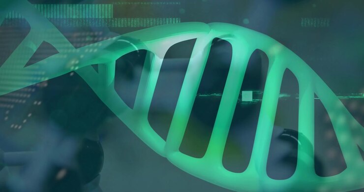 Digital DNA Helix Rotating Over Scientific Data Background