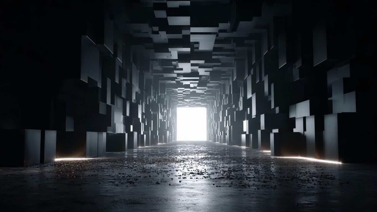 Exploring the Enigmatic Corridor: A Journey Through a Cubic Passage of Shadows and Light, Leading to an Unknown Destiny in a Mysterious Space