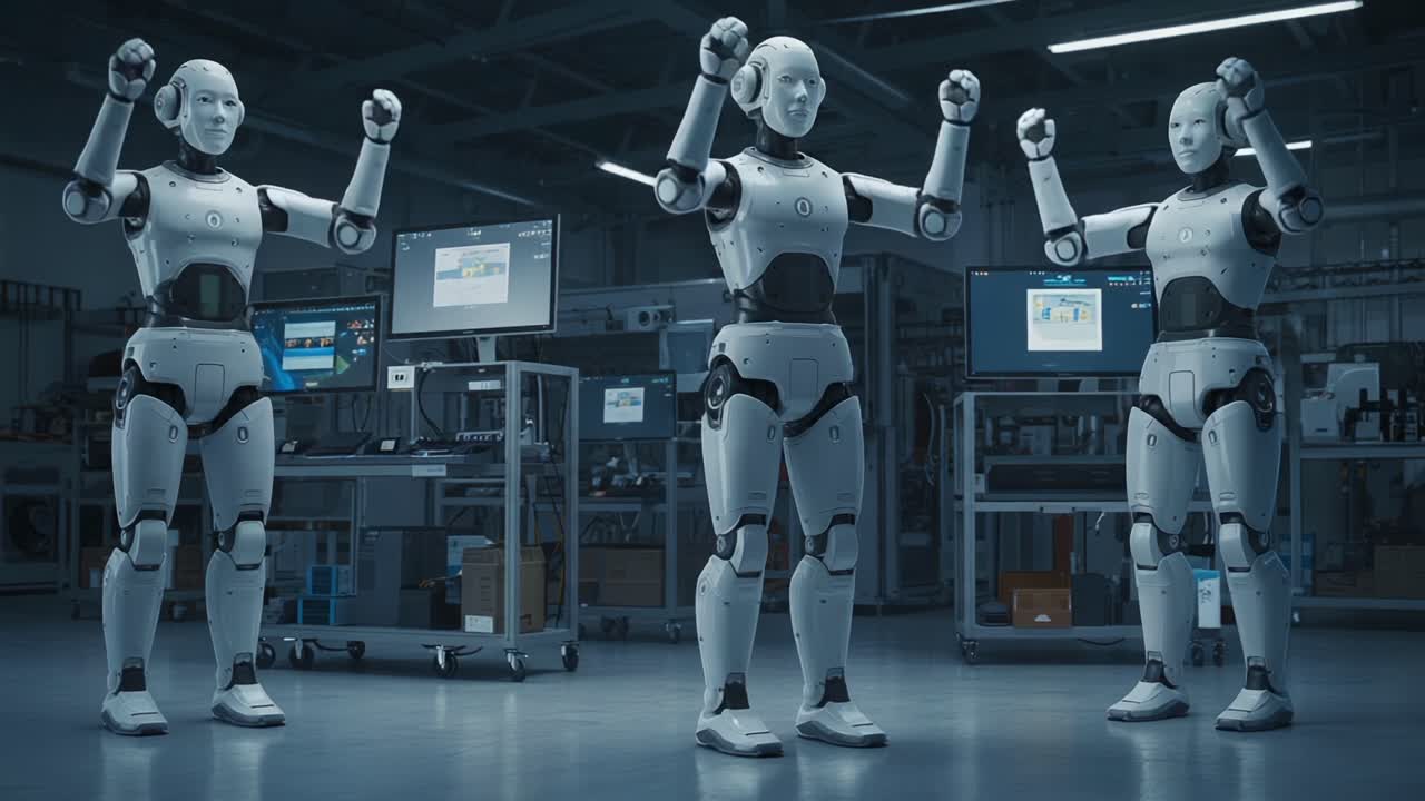 Three Advanced Robots Displaying Human-like Features and Interacting in a Futuristic Laboratory, Showcasing Their Technological Capabilities and Innovation