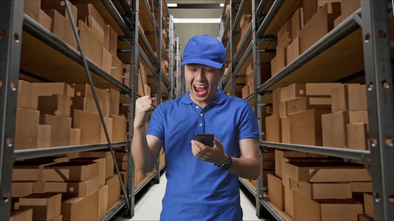 mensajero masculino asiático en uniforme azul mirando el teléfono inteligente y celebrando el éxito mientras entrega una caja en el almacén