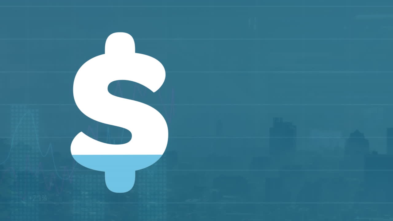 Animation of american dollar sign filling up with blue, cityscape and financial data processing