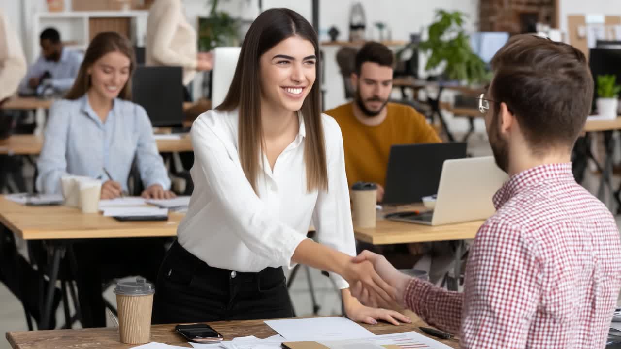A Professional Interaction: Engaging and Smiling Colleagues Collaborate in a Modern Workspace with a Productive Atmosphere
