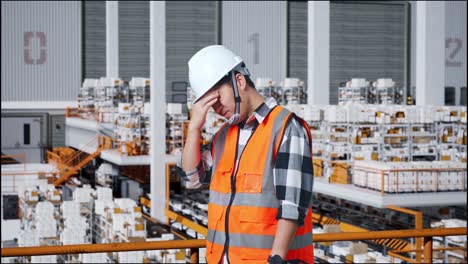 side view of asian male engineer with safety helmet having a headache while standing in the warehouse with shelves full of delivery goods