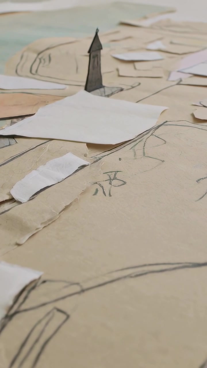 Vertical video: Camera panning paper scene on table to center dark tower, revealing kraft sketches