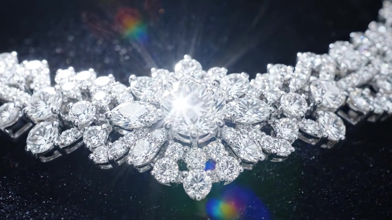 Um Close-Up Requintado de um Deslumbrante Colar de Diamantes Exibindo Seu Design Intrincado e Brilho Cintilante Sob Iluminação Suave, Perfeito para Ocasiões Glamorosas