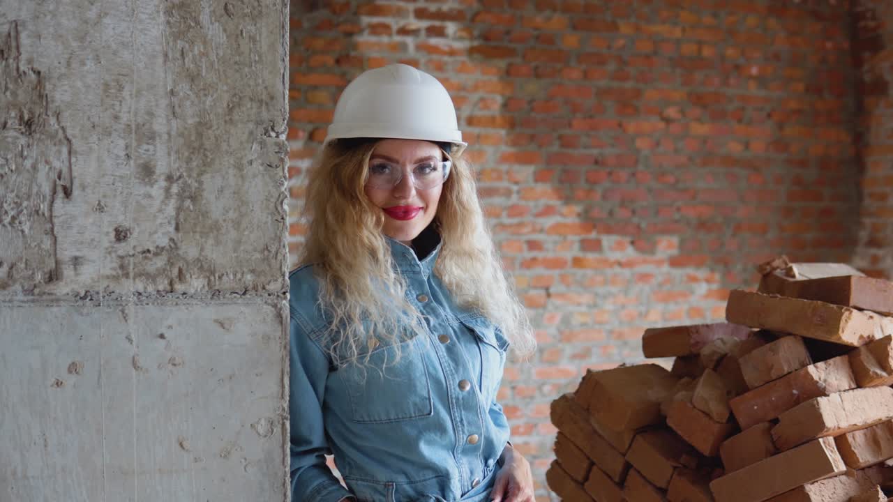 A young woman in a work helmet and denim clothes and goggles stands at the construction site. Individual stylized photo shoot on a construction site