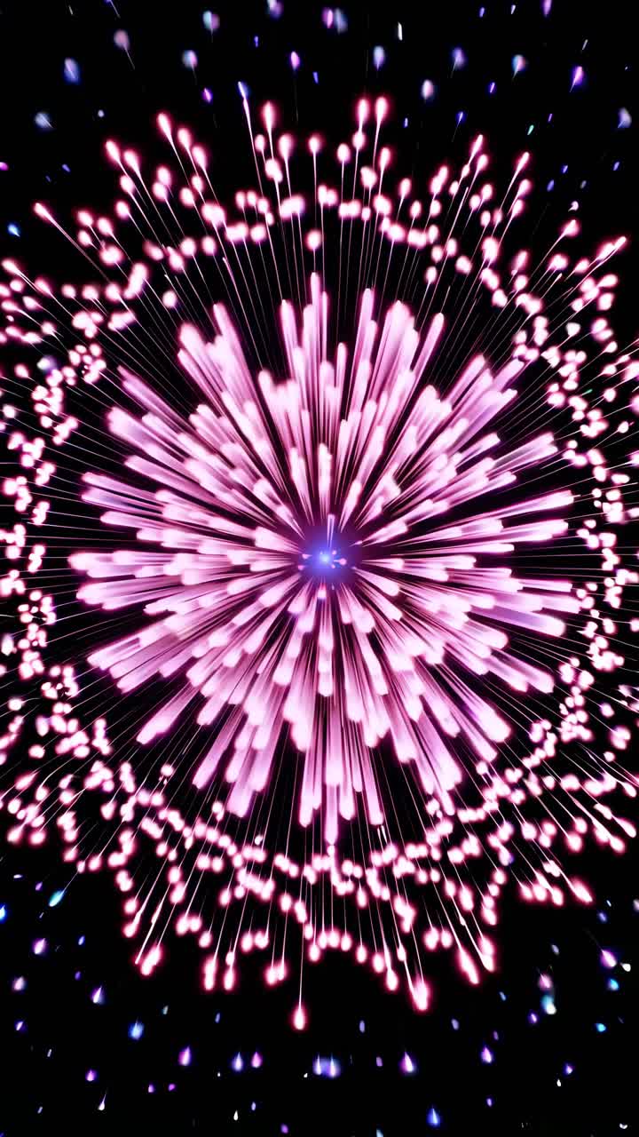 Angolo di ripresa aerea di un video che cattura una vivace esplosione di fuochi d'artificio viola su un cielo scuro