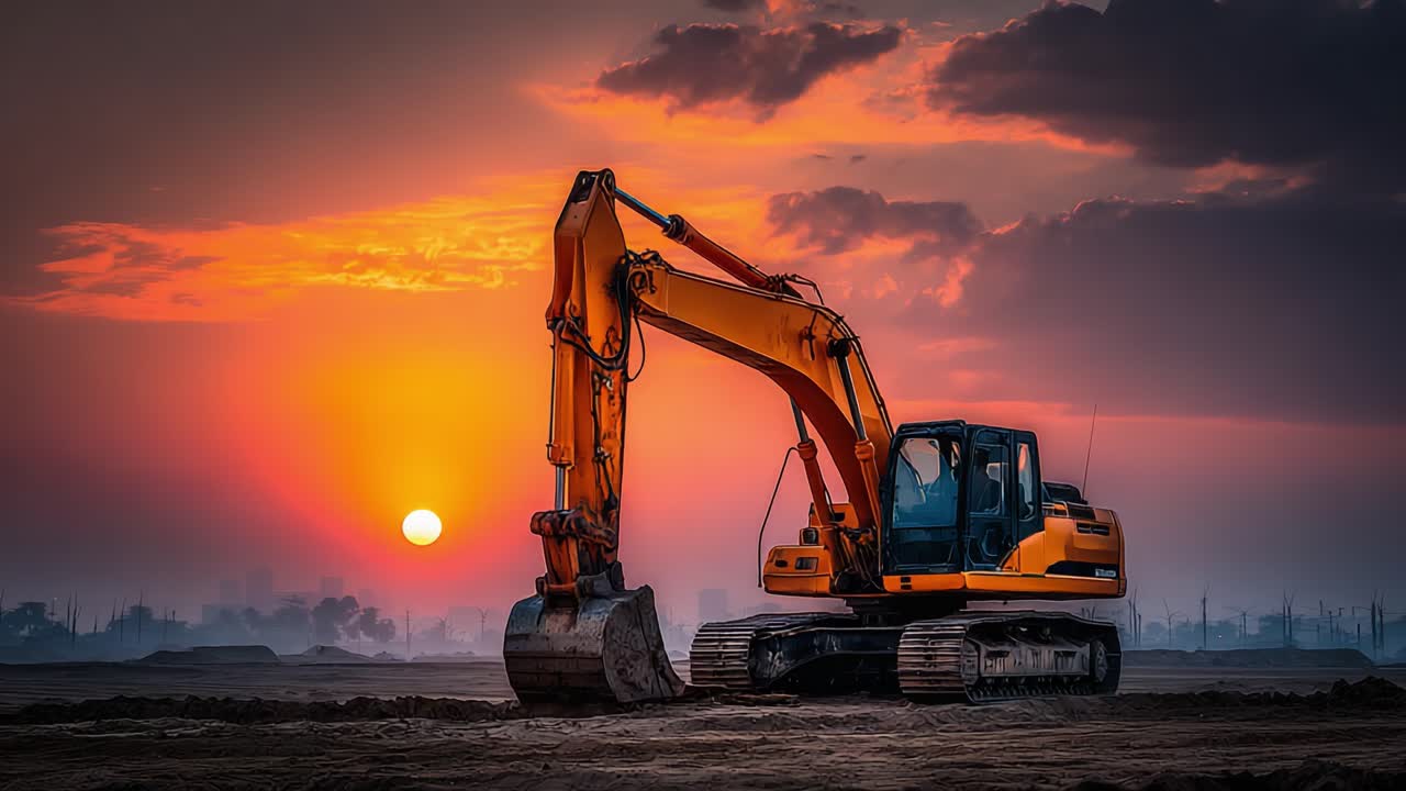A Bright Sunset Engulfs a Powerful Excavator in Action, Showcasing Heavy Machinery Against a Vivid Skyline During Golden Hour