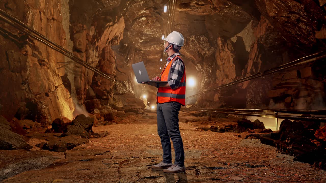Full Body Side View Of Asian Male Engineer With Safety Helmet Working On A Laptop And Looking Around While Standing In Underground Mine Tunnel