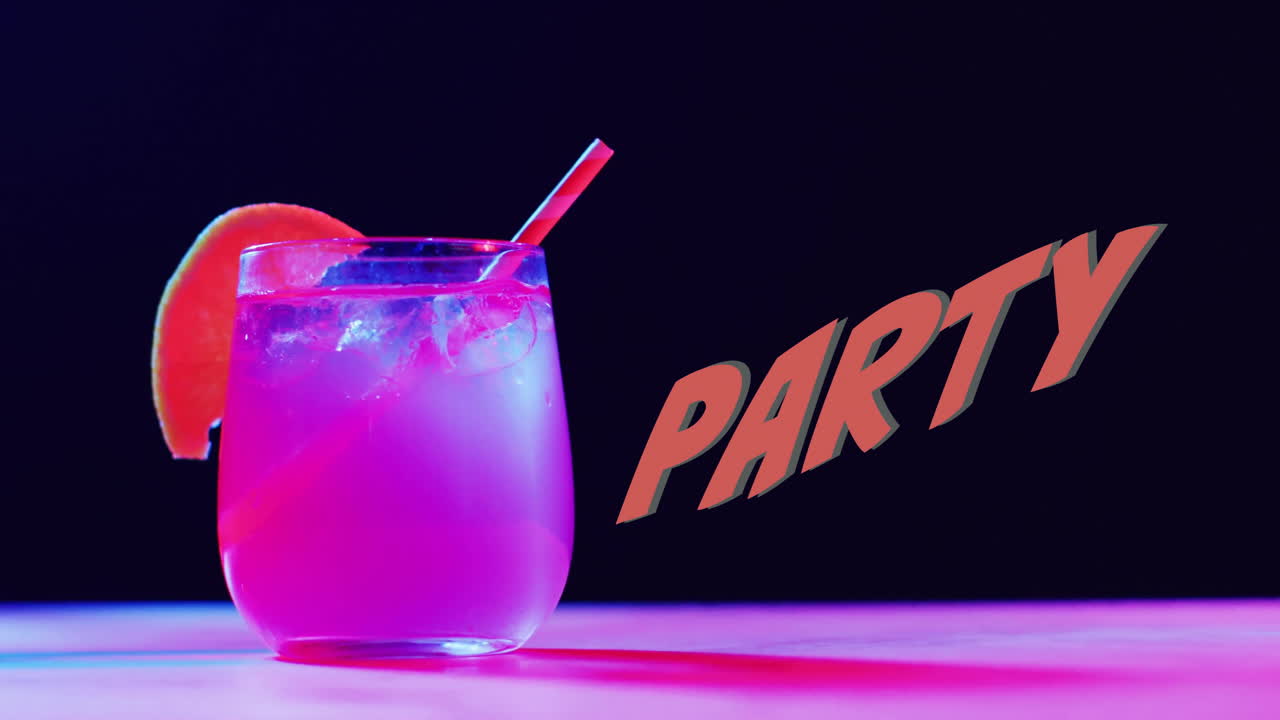 Animation of party neon text and cocktail on black background