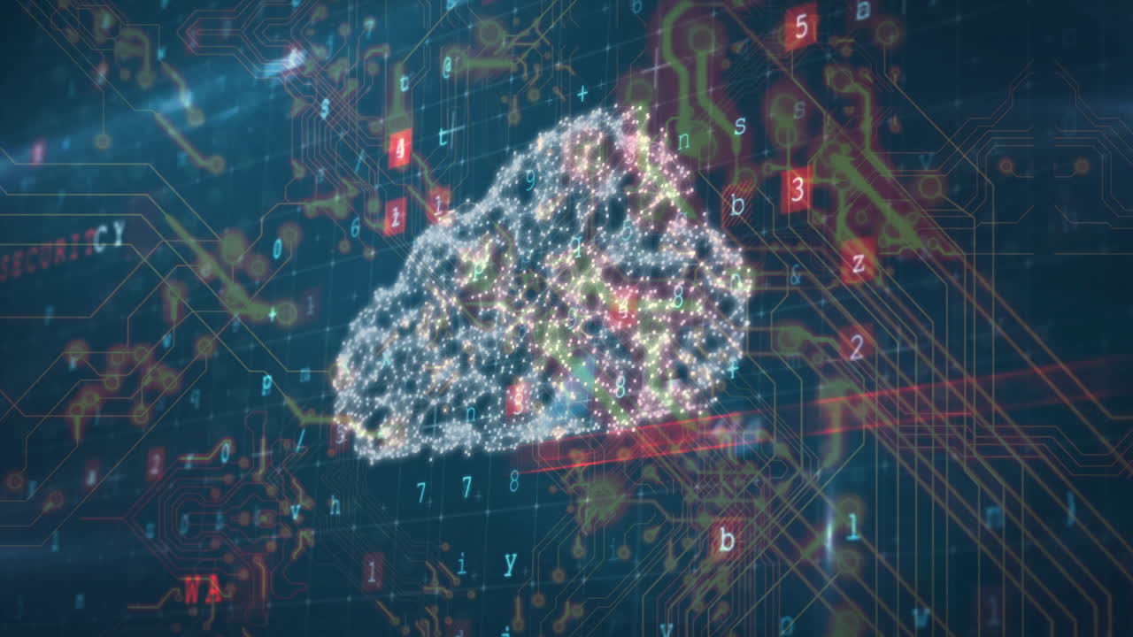 Animation of digital cloud with binary code and circuit patterns for data storage