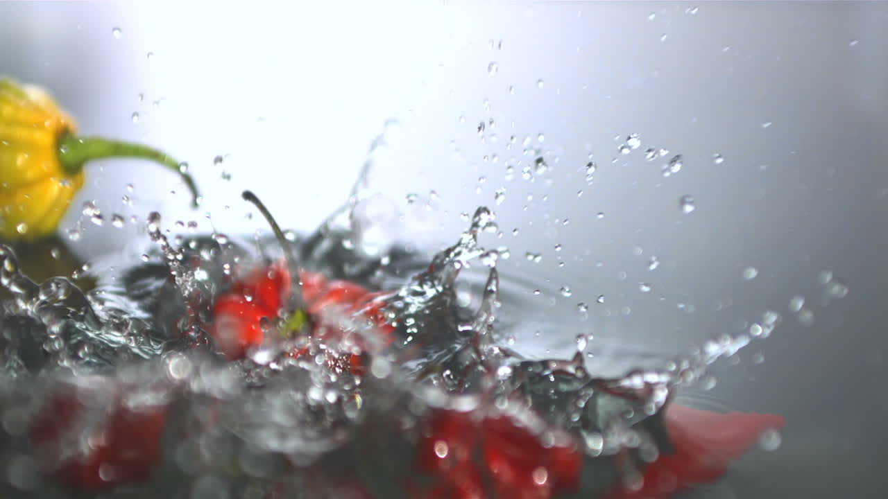 pimientos de chile cayendo en el agua