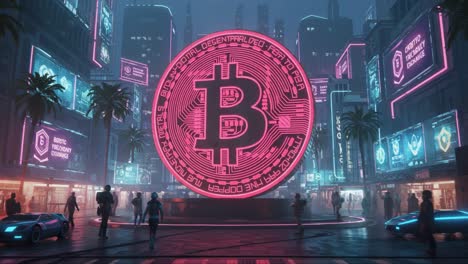 a vibrant urban scene featuring a magnificent bitcoin monument surrounded by futuristic cityscapes and lively crowds engaged in a cryptocurrency environment