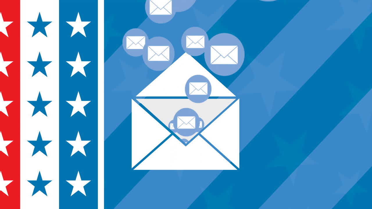 iconos de correo electrónico animados alrededor del sobre sobre fondo azul con estrellas y rayas