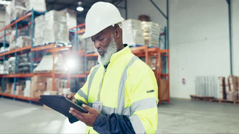 tablet, black man and digital inventory inspection