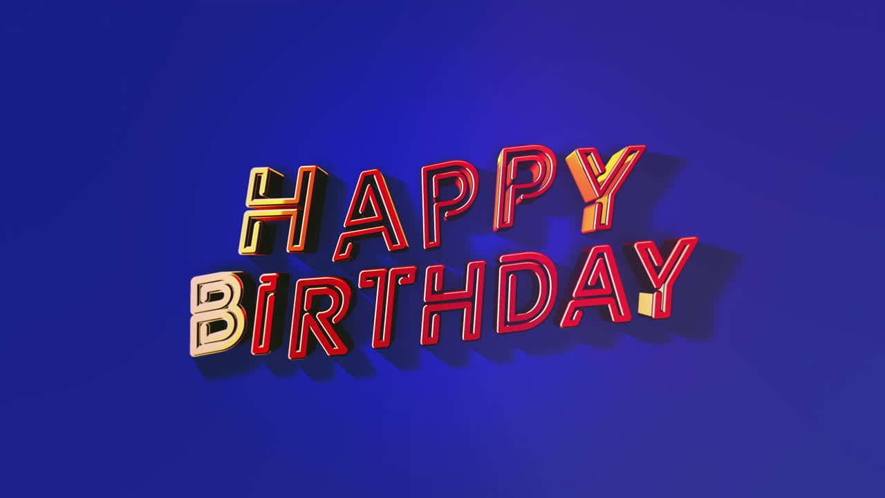 Vibrant neon sign Happy Birthday in red, blue, and yellow on blue background