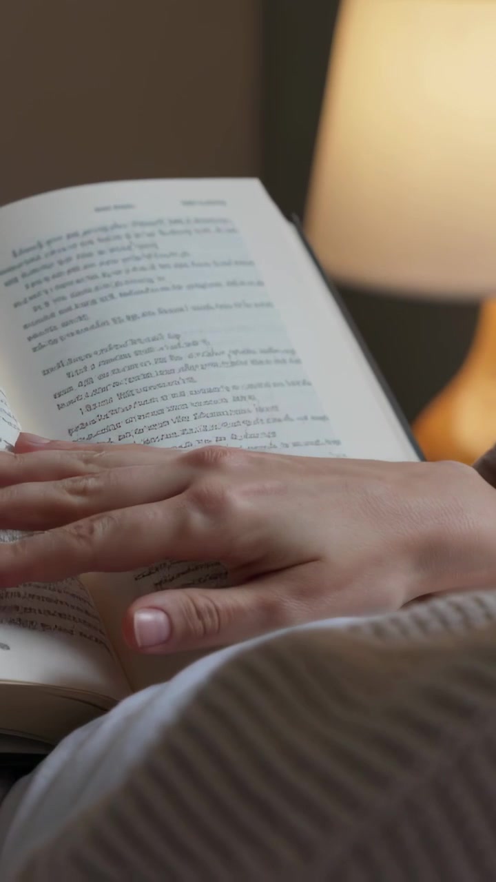 Vertikales Video: Greifende Hand blättert Buchseite auf gestreifter Bettwäsche nahe einer Lampe um, vertieft sich ins Lesen