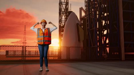 cuerpo lleno de ingeniera asiática con casco de seguridad flexionando su bíceps y sonriendo a la cámara mientras está de pie con el transbordador espacial, hora de la puesta del sol