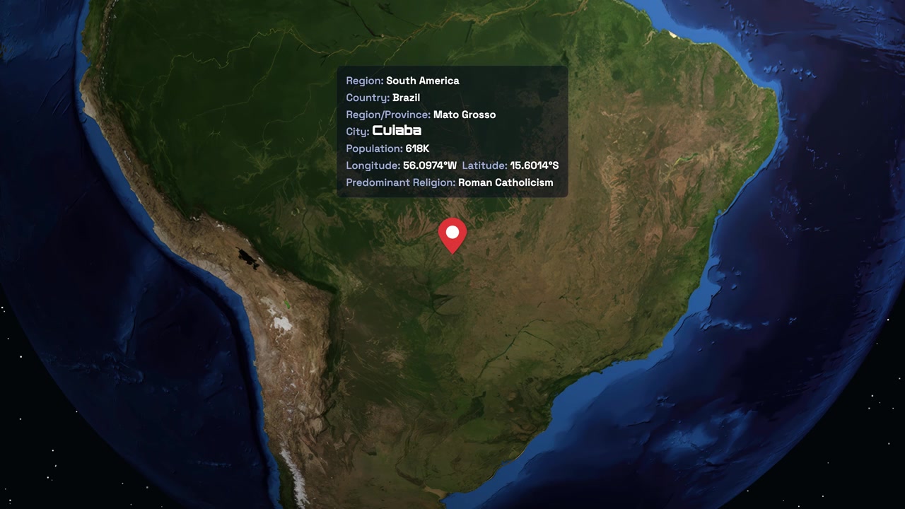 Digital globe rotates and zooms into South America, pinpointing Cuiaba with an informative data panel