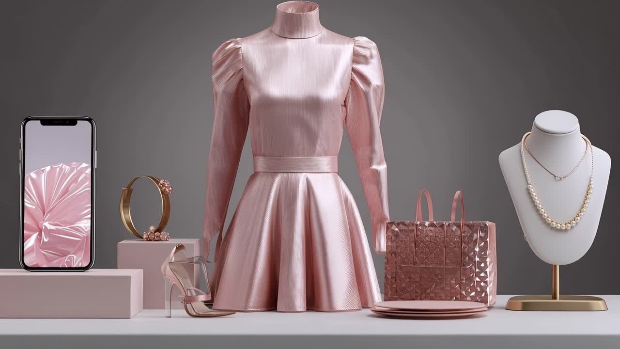 Een roze jurk staat elegant op een wit platform. Een accessoirepresentatie completeert de outfit met verfijning. De minimalistische achtergrond versterkt de presentatie. Het stilstaande beeld suggereert luxe.