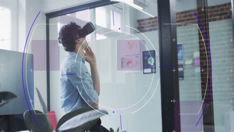 Animation-of-purple-light-trails-with-hexagons-over-businessman-wearing-vr-headset-in-office