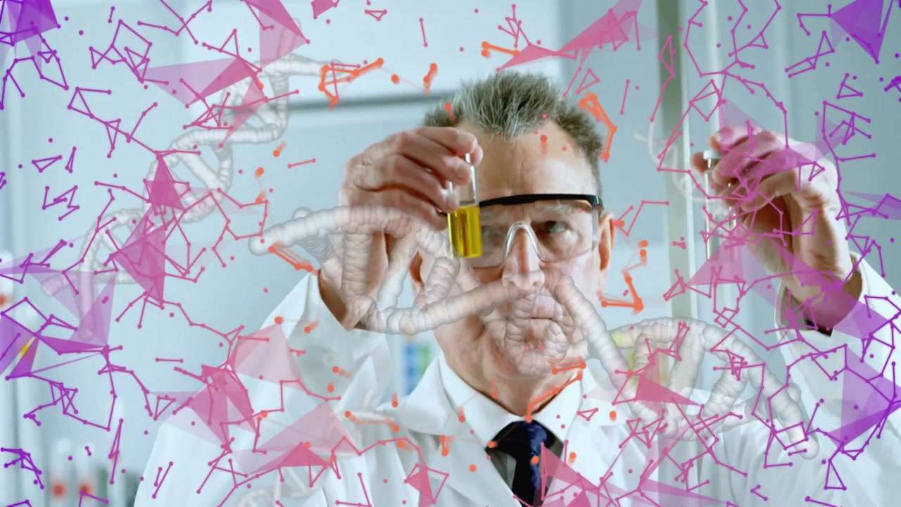 Scienziato anziano che tiene provette in un laboratorio scientifico, mostrando filamenti di DNA 3D e una rete molecolare.
