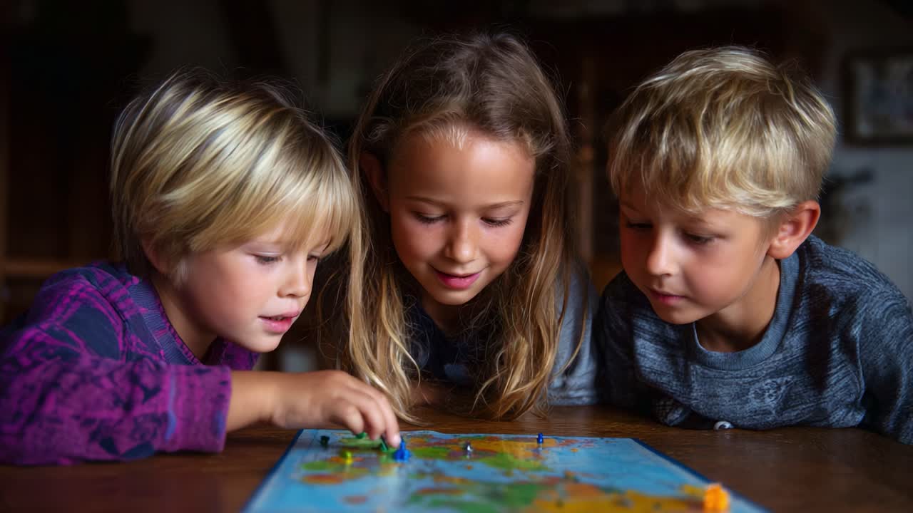 Bambini impegnati nell'apprendimento della geografia attraverso un gioco interattivo con una mappa colorata e varie figurine in un ambiente interno accogliente
