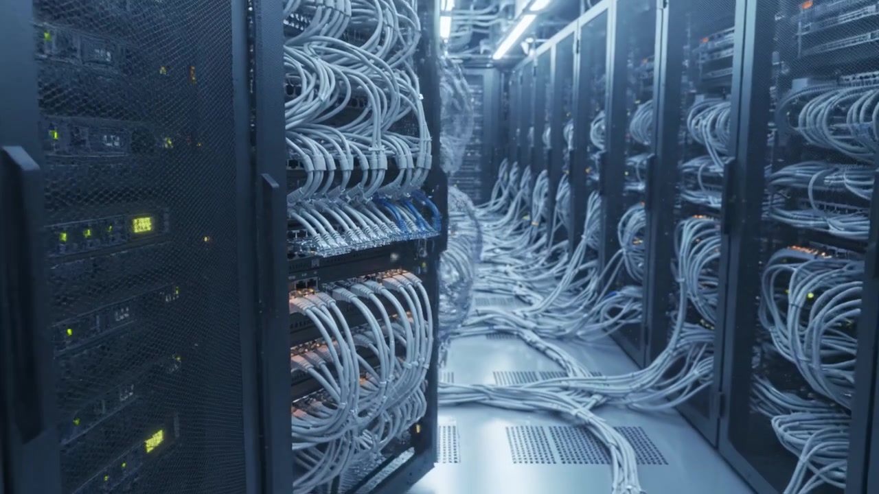 Intricate Network Infrastructure: Captivating Visuals of Server Racks, Ethernet Cables, and Complex Connectivity in a Modern Data Center Environment