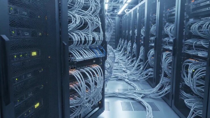 Intricate Network Infrastructure: Captivating Visuals of Server Racks, Ethernet Cables, and Complex Connectivity in a Modern Data Center Environment