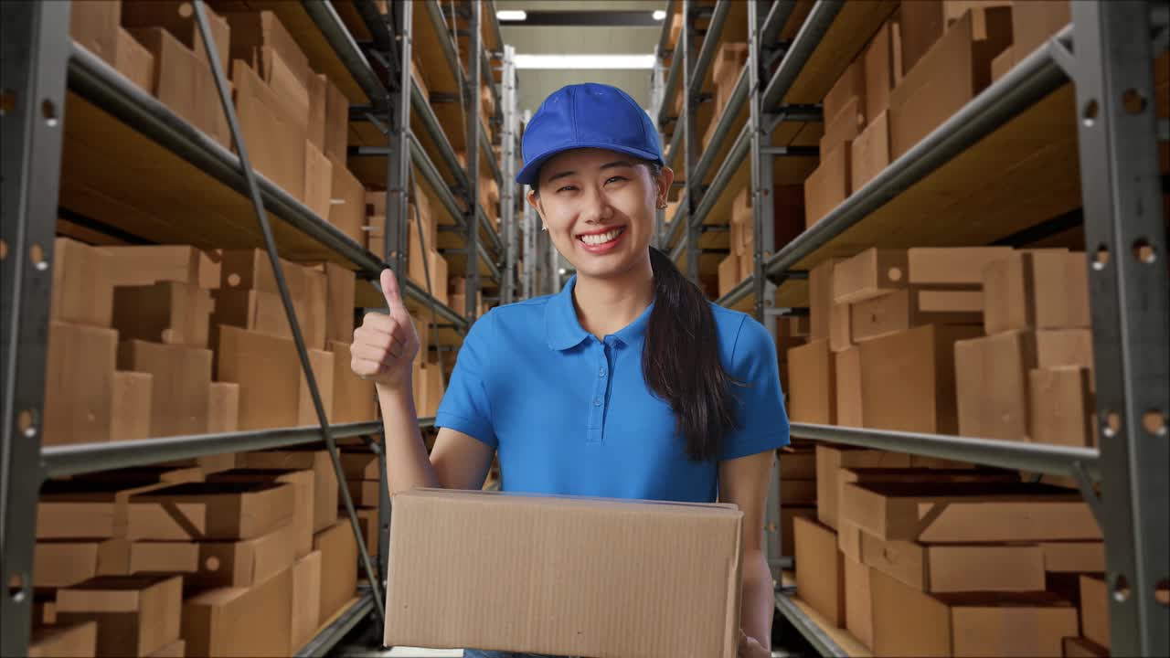 mensajera asiática en uniforme azul mostrando el pulgar hacia arriba y sonriendo mientras entrega un cartón en el almacén