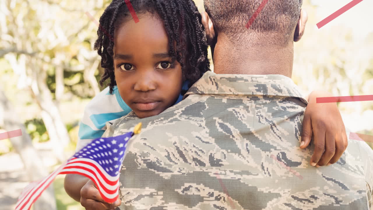 Animazione di un soldato e sua figlia che tengono la bandiera americana.