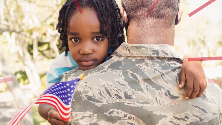 Animazione di un soldato e sua figlia che tengono la bandiera americana.