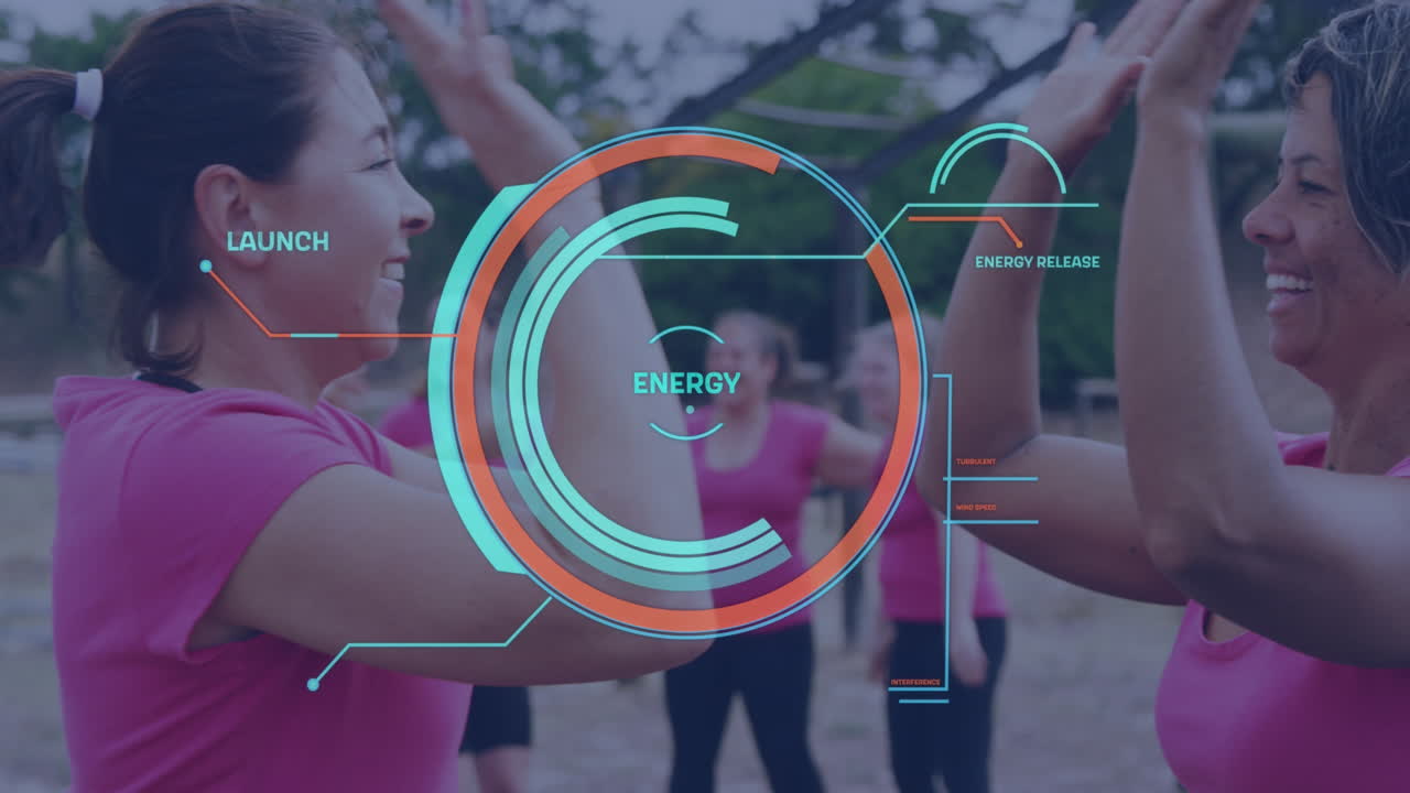 animación de escáner procesamiento de datos de energía sobre diversas mujeres high fiving en el entrenamiento de campamento de entrenamiento