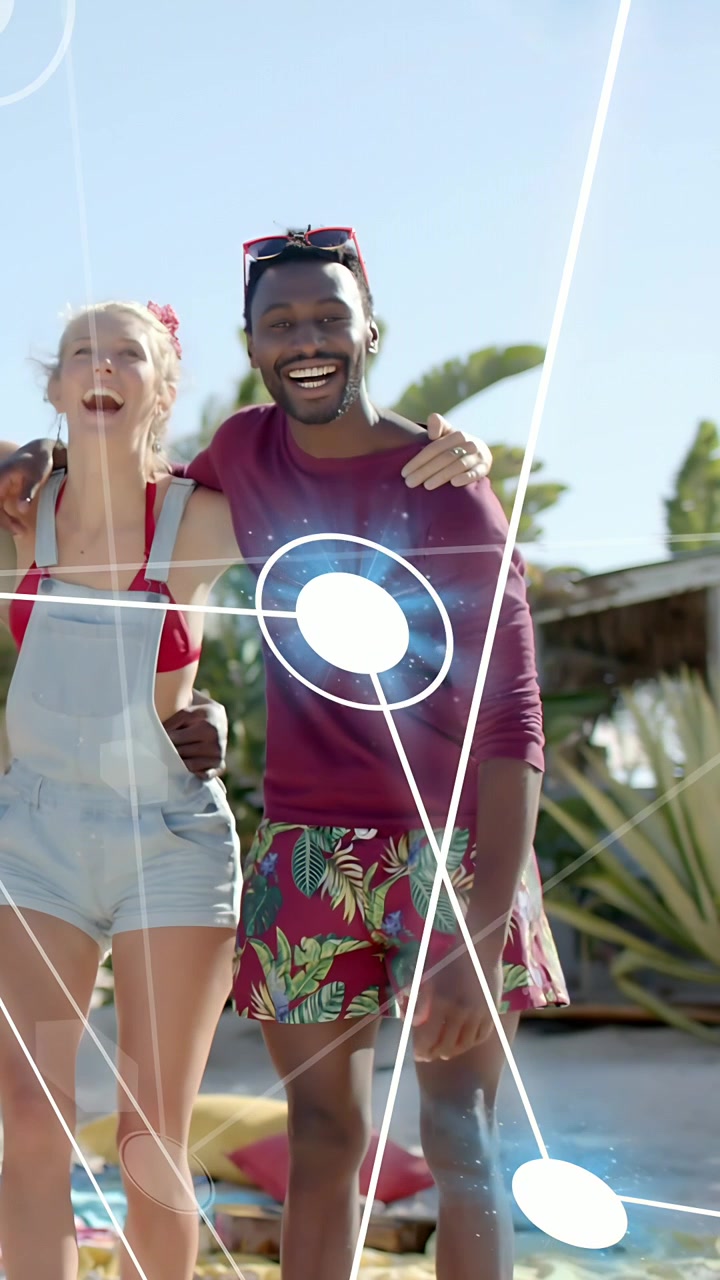 Vertical video: Pair standing linked node lines appearing center expanding over torsos as tech demo